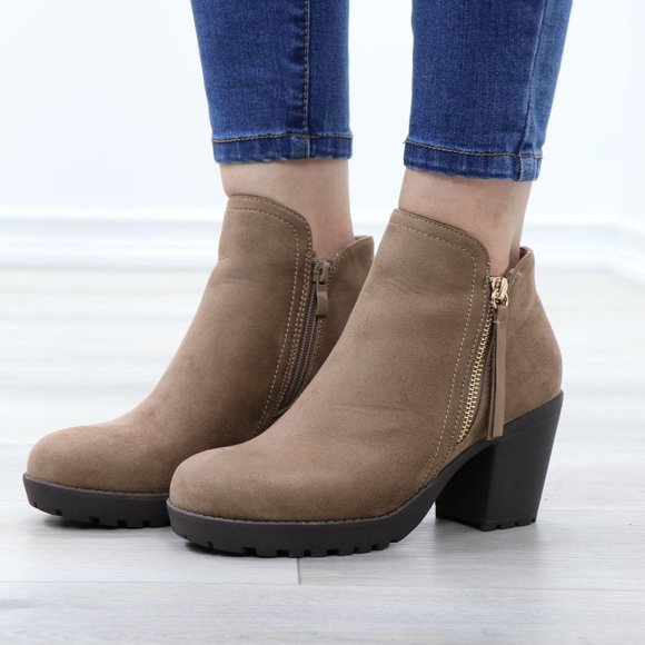 Taupe Suede Lug Chunky Heel Ankle Boots - Picture 12 of 12